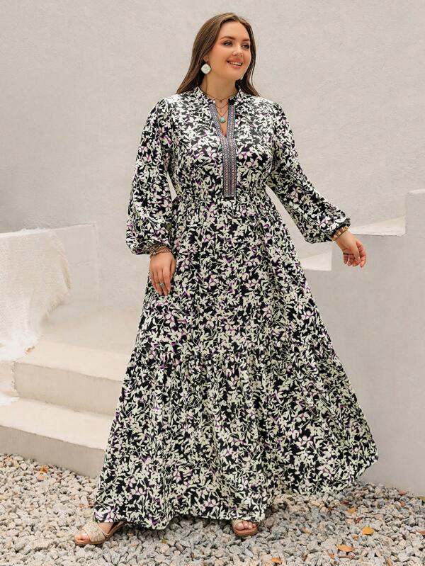 Rusttydustty Rochie de damă de mărime mare, stil vacanță, imprimată cu panglică, model patchwork, lejeră, linie A, mânecă lungă