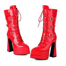 Super High Heel Short Boots Women Thick Sole Thick Heel Boots Women Belt Buckle Strap Mid-Calf Boots