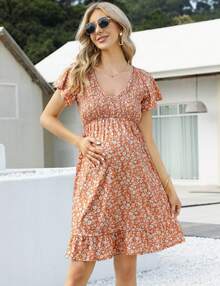 Yesfashion Women's Maternity Short Sleeve Ruffle Dress V Neck Summer Casual Smocked Flowy Midi Dress For Baby Shower Photoshoot - 深黃小白花 - 查看 2