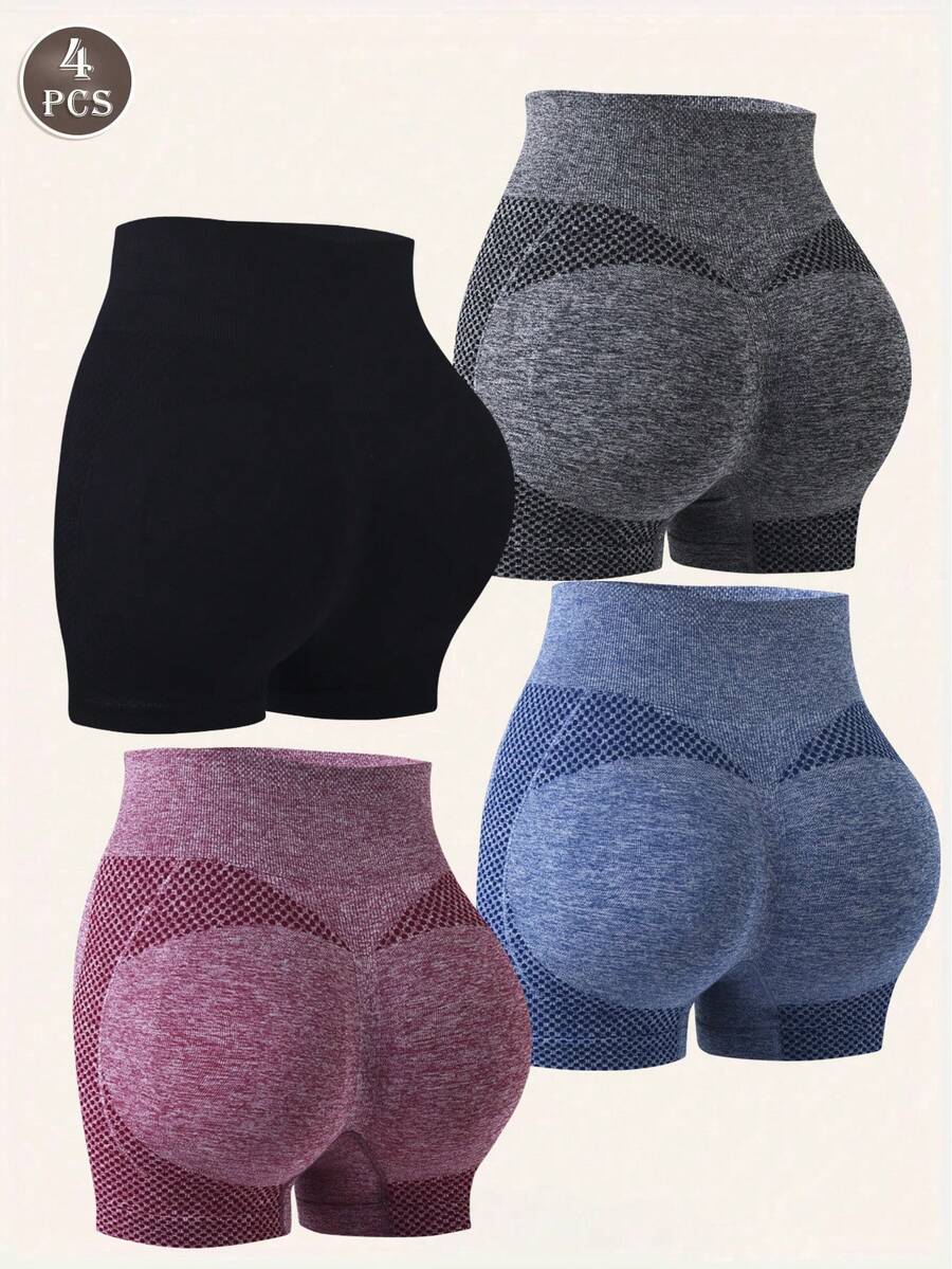 4pcs/Pack Women's High Waisted Yoga Shorts, Lifting & Comfortable - Baby Pink - View 1