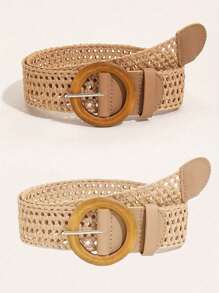 1pc/2pcs Plus Size Bohemian Round Wooden Buckle Hollow Out Straw Waist Belt, Suitable For Dresses, Beach Vacation, Party