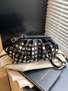 Nowa modna damska torba na ramię z nitami i solidnym PU z zamkiem błyskawicznym, stylowa torba typu crossbody, odpowiednia na randki, zakupy, uniwersalna