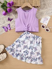 2pcs/Set Girls Summer Minimalist Solid Color Rib Twist Sleeveless Top + Butterfly Print Mini Skirt - Purple - View 1