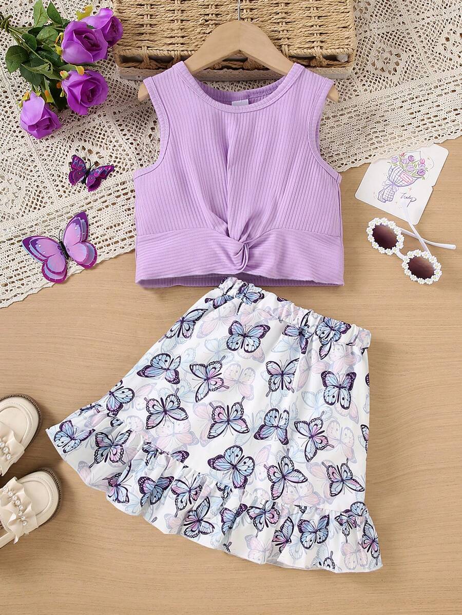 2pcs/Set Girls Summer Minimalist Solid Color Rib Twist Sleeveless Top + Butterfly Print Mini Skirt - Purple - View 1