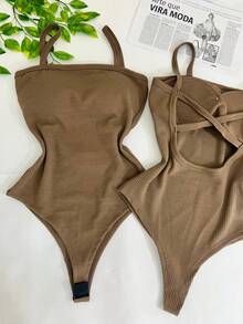 Women's Bodysuit With Braided Straps, Seersucker, Fashion Blogger - Khaki - View 1