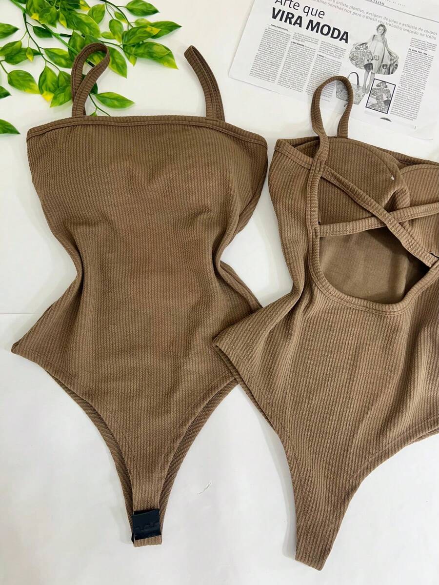 Women's Bodysuit With Braided Straps, Seersucker, Fashion Blogger - Khaki - View 1