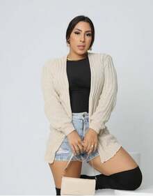 Plain Cardigan Kimono Knit Women's Cold Weather Coat - Beige - View 1