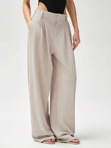 RRIVE High Waisted Wide Leg Trousers Slimming Palazzo Pants With Elastic Waist And Pockets Flowing Fabric For Business Casual, Work Clothes Women Pants Pantalones Anchos De Mujer - 奶油色 - 查看 7