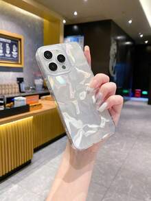 1pc Water Wave Textured Silver Color Solid Simple Fashionable Unique Pastel Color Pattern, Wave IMD Shockproof Full Cover Gradient Silver Iridescent Shiny Artistic Design Phone Case Compatible With Apple/OPPO/VIVO/Honor/Redmi/Transsion Phones - Silver - View 5