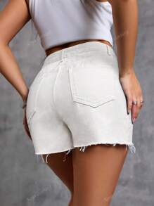Shorts Denim Lisos com Barra Desfiada, Verão Casual
