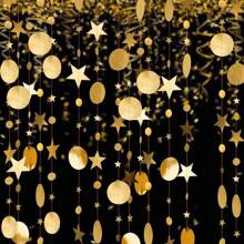1 Set 4m Rose Gold/Gold Shiny Star Shaped Round Sequins Hanging Flag, Suitable For Birthday Decorations, Wedding, Graduation, Room Decor