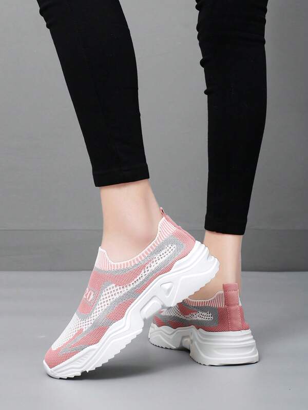 Women's Black & White Patterned Chunky Sneakers, Casual Slip-On Vintage Fashion Breathable Shoes, Easy Wear Without Lacing, Suitable For Outdoor Activities, Travel, Sports And Walking