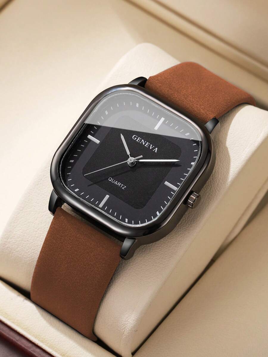 1 pièce Montre-bracelet à quartz classique pour hommes, style casual, cadran rectangulaire simple avec échelle, sans boîtier