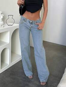 Women's Casual Washed Low-Rise Straight-Leg Relaxed Fit Jeans With Slash Pockets - Rửa nhẹ - Xem 1