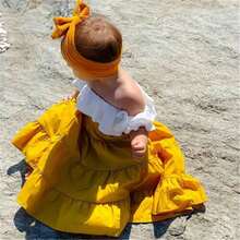 Little Girls Long Maxi Skirt Casual Summer 3pieces Outfits Off Shoulder Ruffle Crop Top + High Waist Smocked Long Maxi Skirt + Bowknot Headband Holiday Sundress Clothes - 黃色 - 查看 2