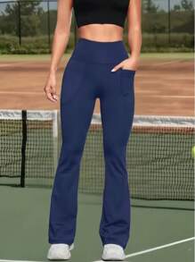 1pc Women's Elastic Waist Flared Yoga Pants With Pockets, High Stretch Tennis/Casual/Sports Trousers, Soft And Breathable For Spring/Summer/Autumn Workouts, Sports, Outdoor Activities