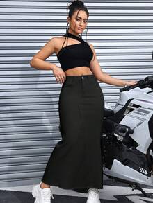 Women's Spring/Summer/Autumn Elastic Hip-Hugging Skirt With Tassel Splicing And A-Line Long Skirt - 黑色 - 查看 1
