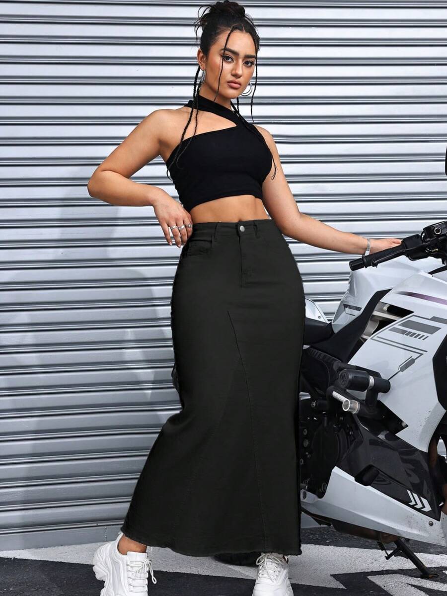Women's Spring/Summer/Autumn Elastic Hip-Hugging Skirt With Tassel Splicing And A-Line Long Skirt - 黑色 - 查看 1