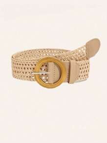 1pc/2pcs Plus Size Bohemian Round Wooden Buckle Hollow Out Straw Waist Belt, Suitable For Dresses, Beach Vacation, Party