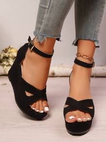 Sandal mùa hè mới, kiểu dáng rộng rãi, cỡ lớn, gợi cảm, đế dày, thời trang với khóa kim loại trang trí, phối dây giả lanh, sandal hở mũi nhẹ, quai thun, giày đi nghỉ mát và biểu diễn, phụ kiện du lịch thiết yếu. - màu đen - Xem 3