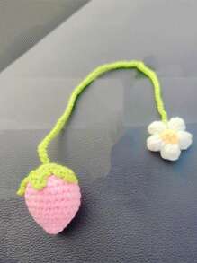 1pc Car Summer Interior Pendant Woven Pink Strawberry Car Rearview Mirror Decoration Car Interior Pendant
