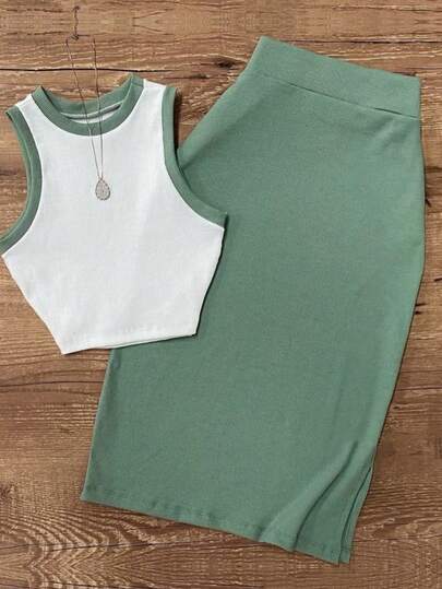 Conjunto de 2 piezas de camiseta sin mangas y falda larga de unicolor con ribete de contraste en estilo vintage elegante para resort, primavera/verano
