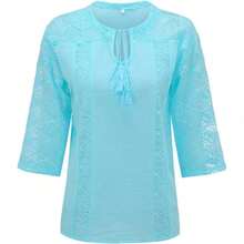 Plus Size Women's 3/4 Sleeve Cotton Lined Tunic Top - Light Gray V-Neck Casual Loose Fit Shirt With Geometric Eyelet Detailing, High-Quality Autumn Tee For Layering Or Standalone Outfits, L-5XL, Relaxed Fit Top | Asymmetrical Design | Machine Washabl - 黃色 - 查看 4