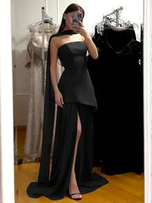 Vestido elegante y casual de primavera/verano para mujer, de unicolor, con parches de gasa y abertura alta lateral, sexy