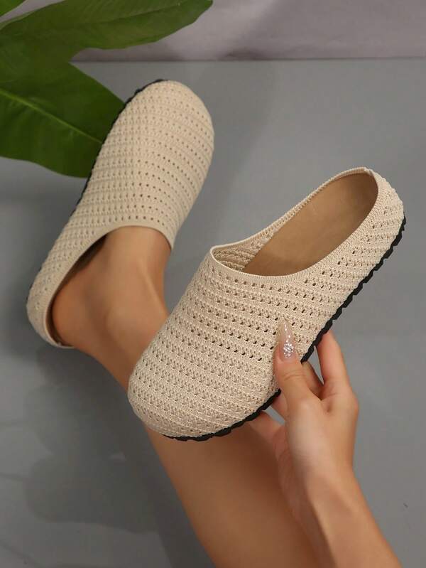Women's Flat Solid Color Slip-On Mule Shoes, Comfortable Breathable Lace Material, Suitable For All Seasons, Vacation, Casual Wear, Plus Size 43