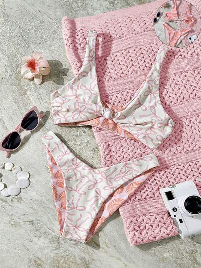Summer 2pcs Women Bikini Set, Bow & Shell Double-Sided Printing Design, Reversible, Adjustable Wide Straps Twist Swimsuit Top And Mid-Waist Swimshorts, Suitable For Pool Party And Beach Vacation