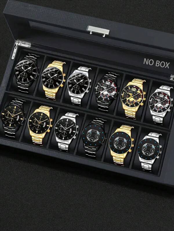 Conjunto de 12 piezas de relojes de cuarzo de moda de negocios para hombre, esfera redonda, correa de aleación, múltiples piezas para mezclar y combinar, personalización y combinación arbitraria, reloj de hombre, regalo de cumpleaños, regalo del día del padre, regalo navideño