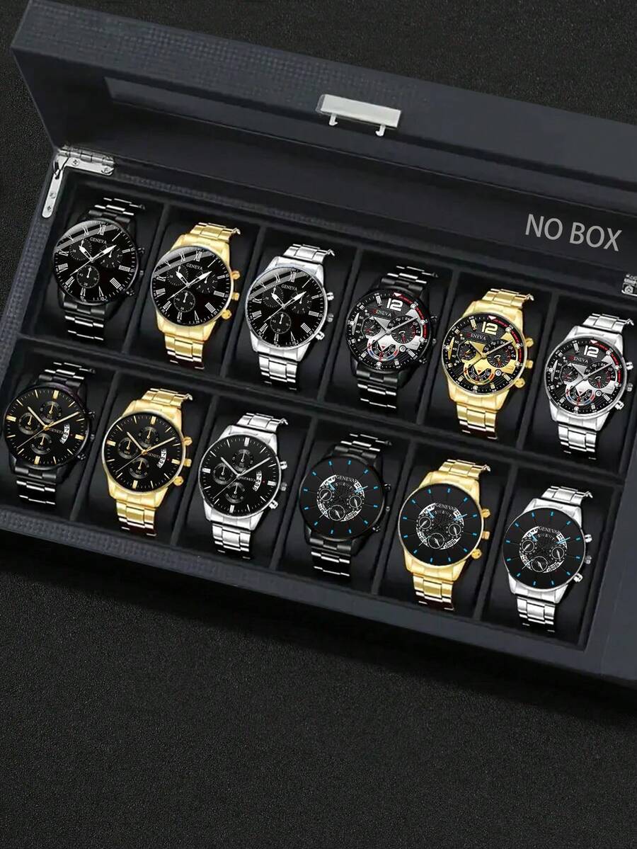 12-Piece Men's Fashion Business Quartz Watch Set, Round Dial, Alloy Band, Multiple Pieces For Free Matching, Personalized Customization, Men's Watch, Birthday Gift, Father's Day Gift, Holiday Gift - Multicolor - View 1