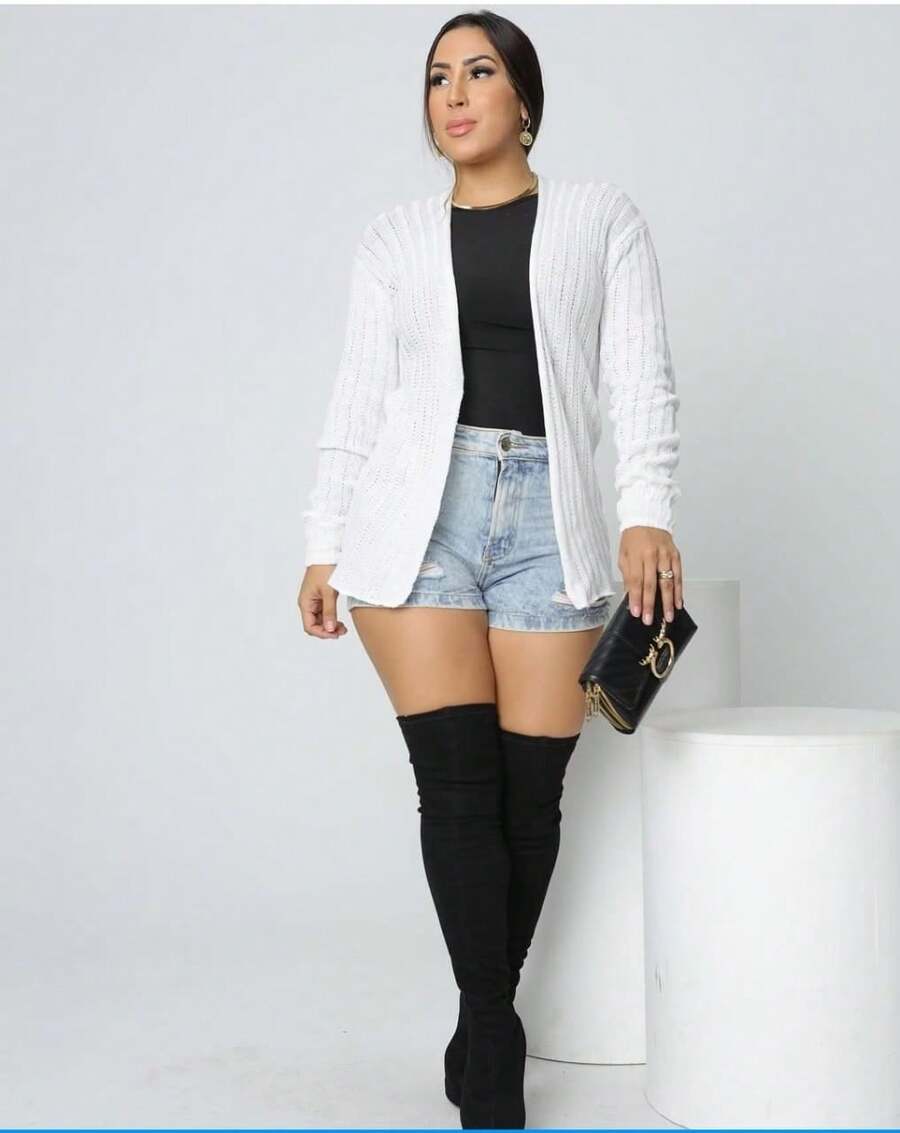 Plain Cardigan Kimono Knit Women's Cold Weather Coat - 白色 - 查看 1