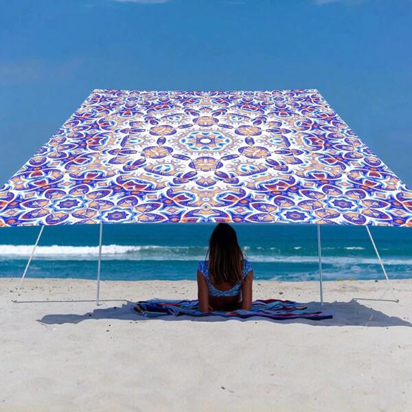 1pc Colorful Brocade Pattern Fresh And Light Style Outdoor Multipurpose Sunshade Polyester Screen Printing For Camping, Picnics, Beach