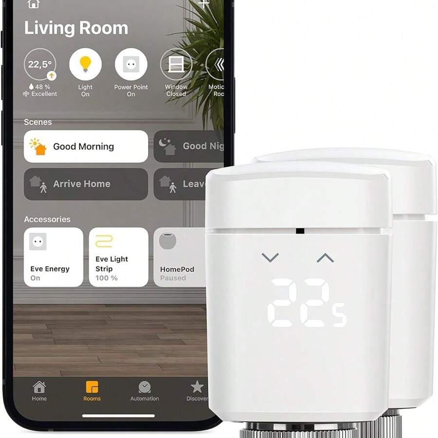 Eve Thermo, Pack Of 2 - Smart Radiator Valve With LED Display, Automatic Temperature Control, No Bridge Required, Integrated Touch Controls, Bluetooth, Apple HomeKit, Made In Germany - 1 - View 1