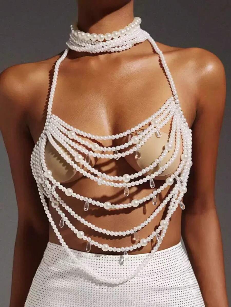 1 Pc Layered Beaded Body Chain - Crystal Drop Statement Necklace For Parties & Wedding Celebrations