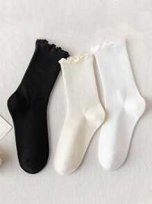 3 Pairs Black & White Lace Trim Mid-Calf Socks For Women, Comfortable Minimalist Versatile Daily Wear