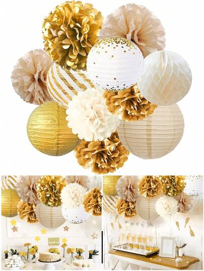 11pcs Gold Lantern Paper Flower Balls, Wedding, Gender Reveal, Anniversary, Baby Shower, Birthday, Festival Celebration Party Indoor & Outdoor Decorations