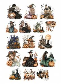 16pcs Watercolor Pumpkin Witch/ Autumn Forest Wizard Magician Sticker DIY Craft Scrapbooking Album Junk Daily Planner Decorative Planner Diary Vintage Stationary Suitable For Clippings, Diaries, Laptops, DIY Crafts, School Supplies,Back To School