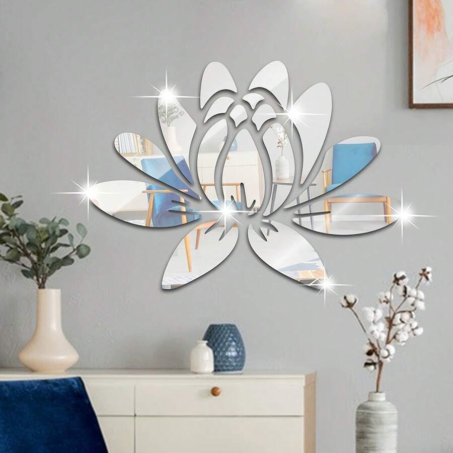 1 set, Autocollant mural de fleur de lotus en miroir acrylique 3D, auto-adhésif et amovible, convient pour la maison, le salon, la salle à manger, la chambre à coucher, le bureau, le couloir, le dosseret de salle de bain - sans électricité ni batterie nécessaire, traitement réflectif haute définition, facile à installer et à démonter, miroir mural de salle de bain, 34,8 x 24,9 cm, argent/or/noir