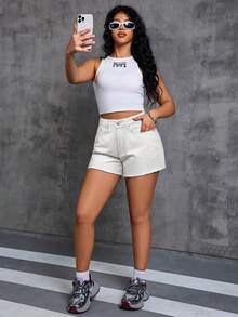 Women's Casual White Washed Denim Shorts, Frayed Hem, Pockets, Non-Stretch Woven Fabric, Straight Leg Short Design, Summer - White - View 6