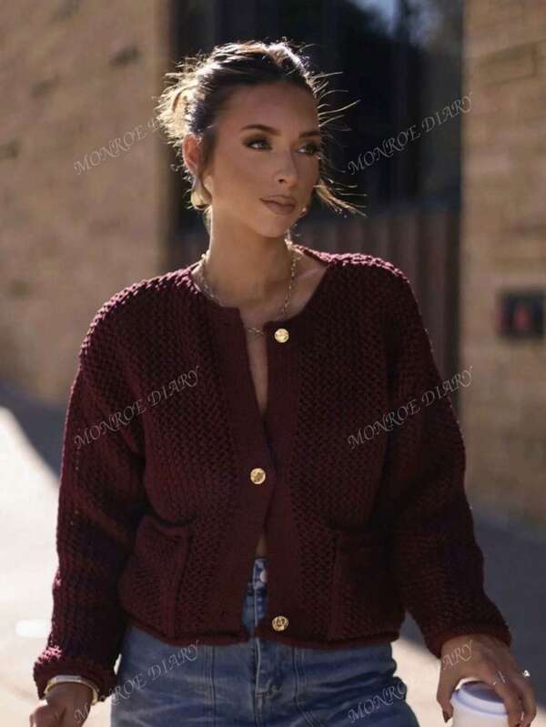 Women's Solid Color Knitted Pocket Button Cardigan Sweater, Long Sleeve Short Hollow Out Casual Sweater, Elegant Ladies Lightweight Open Front Knit Coat, Suitable For Autumn