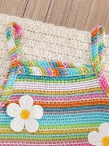 2 pièces/Set Top à bretelles en crochet à fleurs avec franges et pantalon évasé casual pour bébé fille, motif coloré. Tenue d'été