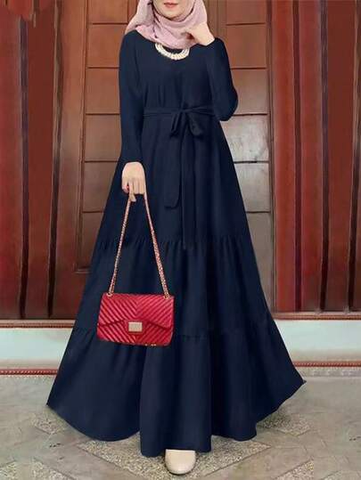 Women Elegant Solid Color Long Sleeve Dress, Spring/Summer Eid