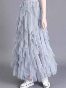 1pc Women Asymmetrical Wave Layered Cake Skirt, With Mesh Tulle Puff Skirt - Light Grey - View 5