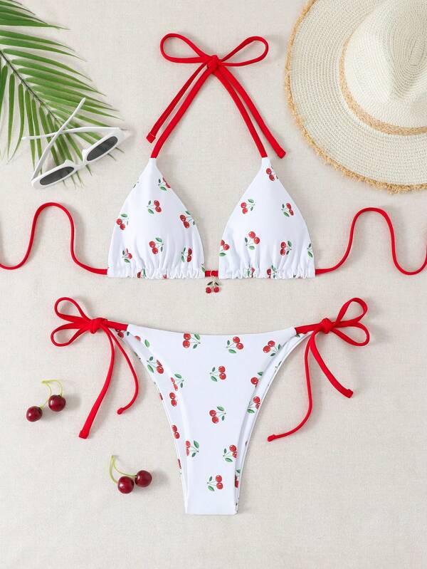 Set di 2 pezzi Bikini con stampa di ciliegie e lacci sexy