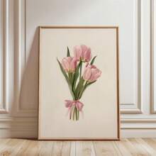 1 Piece Sassy Tulip Bouquet Room Decoration, Botanical Tulip Pink Girly Aesthetic Art , Cute Girly Decoration , Blush Pink Bow Wall Art - For Living Room, Bedroom, Hallway, Office - Canvas Material Valentine's Day Gifts Birthday Graduation Optional Frame ,Wall Art With Frame