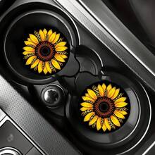 2 Peças Descanso de Copo de Carro com Girassol, Protetores de Copo Decorativos Redondos de 2,8 polegadas, Descansos de Bebida para Casa e Automóvel, Acessórios de Interior de Carro Unissex, Descansos Decorativos, Adequados como Presente para Parentes e Amigos