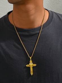 1 pieza de collar de hombre estilo vintage de acero inoxidable chapado en oro de 18k con colgante precioso de Jesucristo crucificado con circonita, collar de acero inoxidable chapado en oro estilo hip-hop europeo y americano con cruz dorada