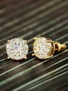 1 Pair Of Hip-Hop Four Claws Round Cubic Zirconia Gold Color Earrings Fashion Simple Commuting Versatile Men And Women Couple Earrings